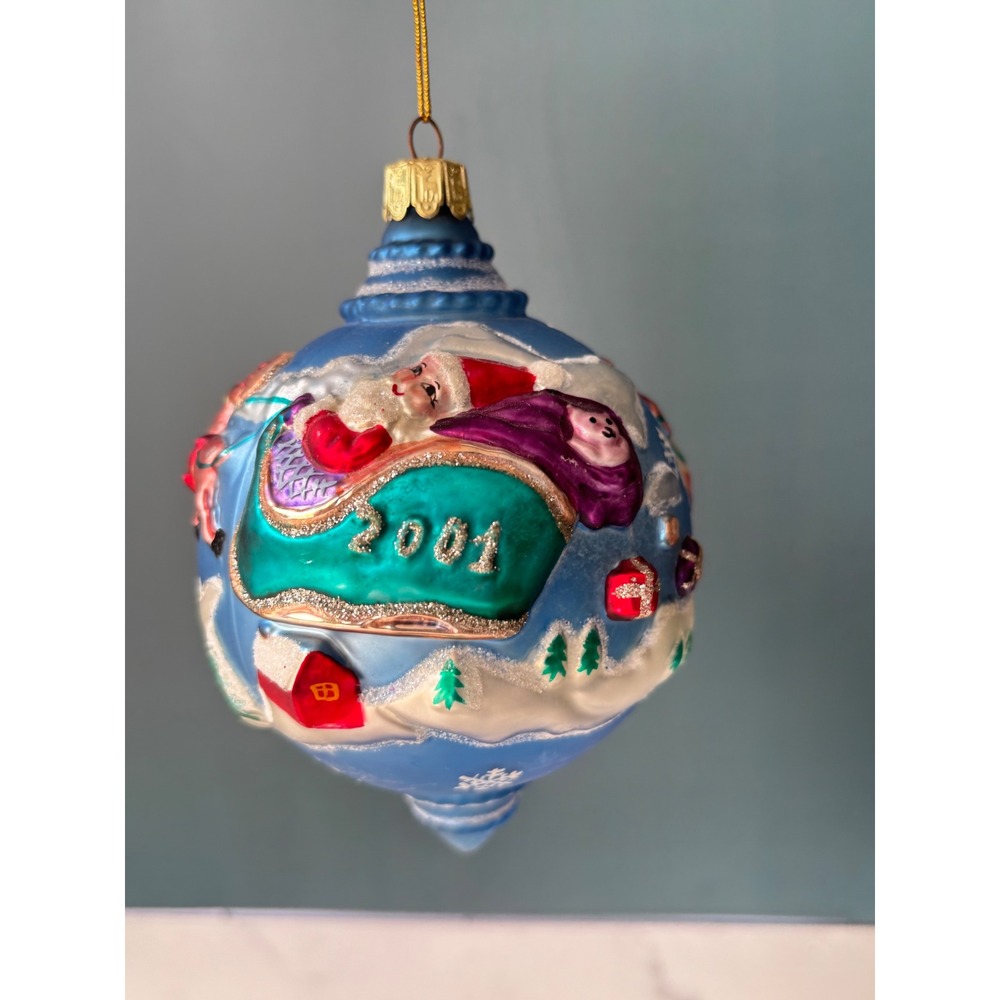 Santa's Best 2001 Dated Glass Christmas Ornament Santa Sleigh Reindeer Blue
